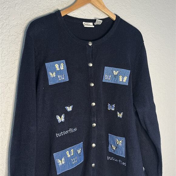 Vintage CJ Banks Butterfly Embroidered Cardigan Sweater Navy Blue Y2K Teacher - Picture 2 of 9